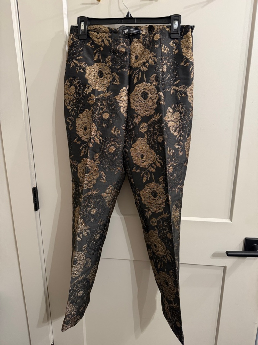 Zara Black & Gold Floral Straight-Leg Pants